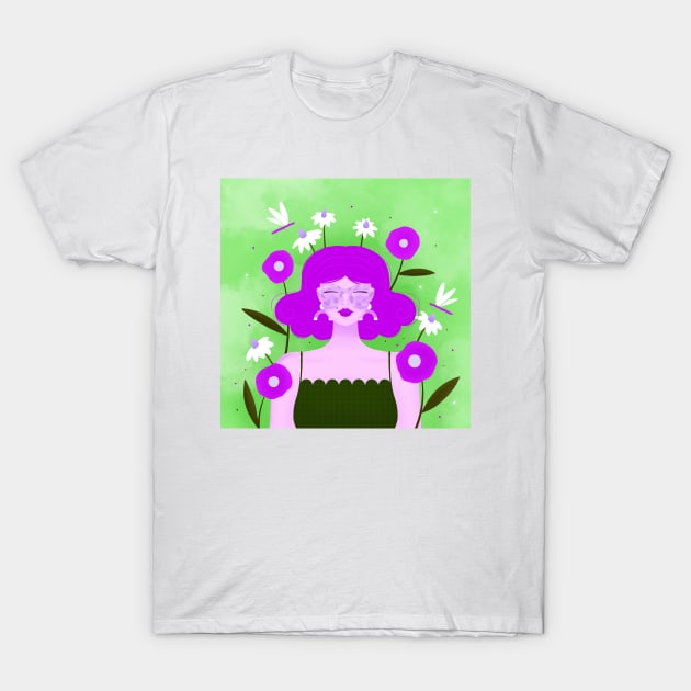 Happy girl with flowers and dragonflies, version 4 T-Shirt by iulistration